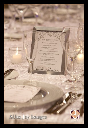Charger and menu in an elegant tablescape Orlando Wedding Photographer Allan Jay Images